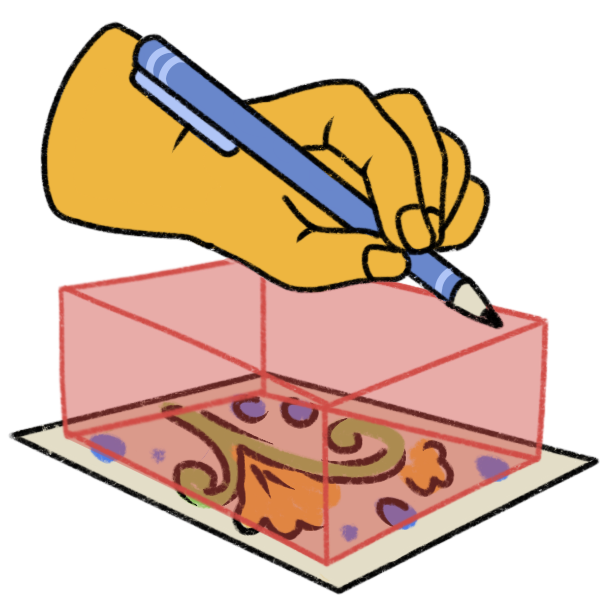 a hand holding a blue pencil resting on top of a semi-transparent red box, which sits on top of a partially lined and colored piece of drawing paper. 